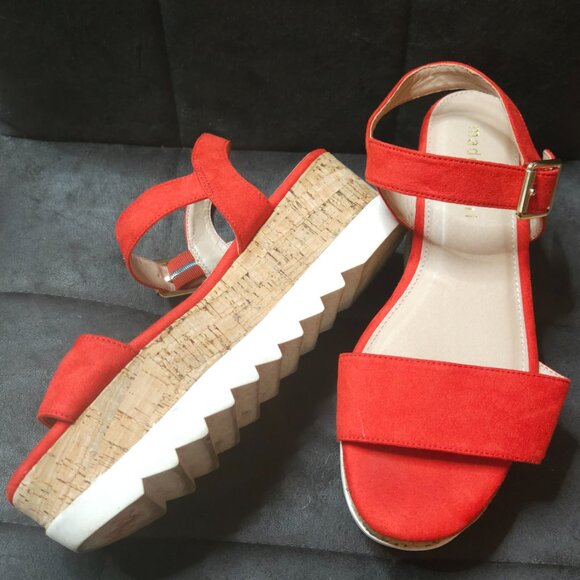 Red Suede Platform Sandals | Cork Wedge | Adjustable Strap | Size 7 - Picture 5 of 5